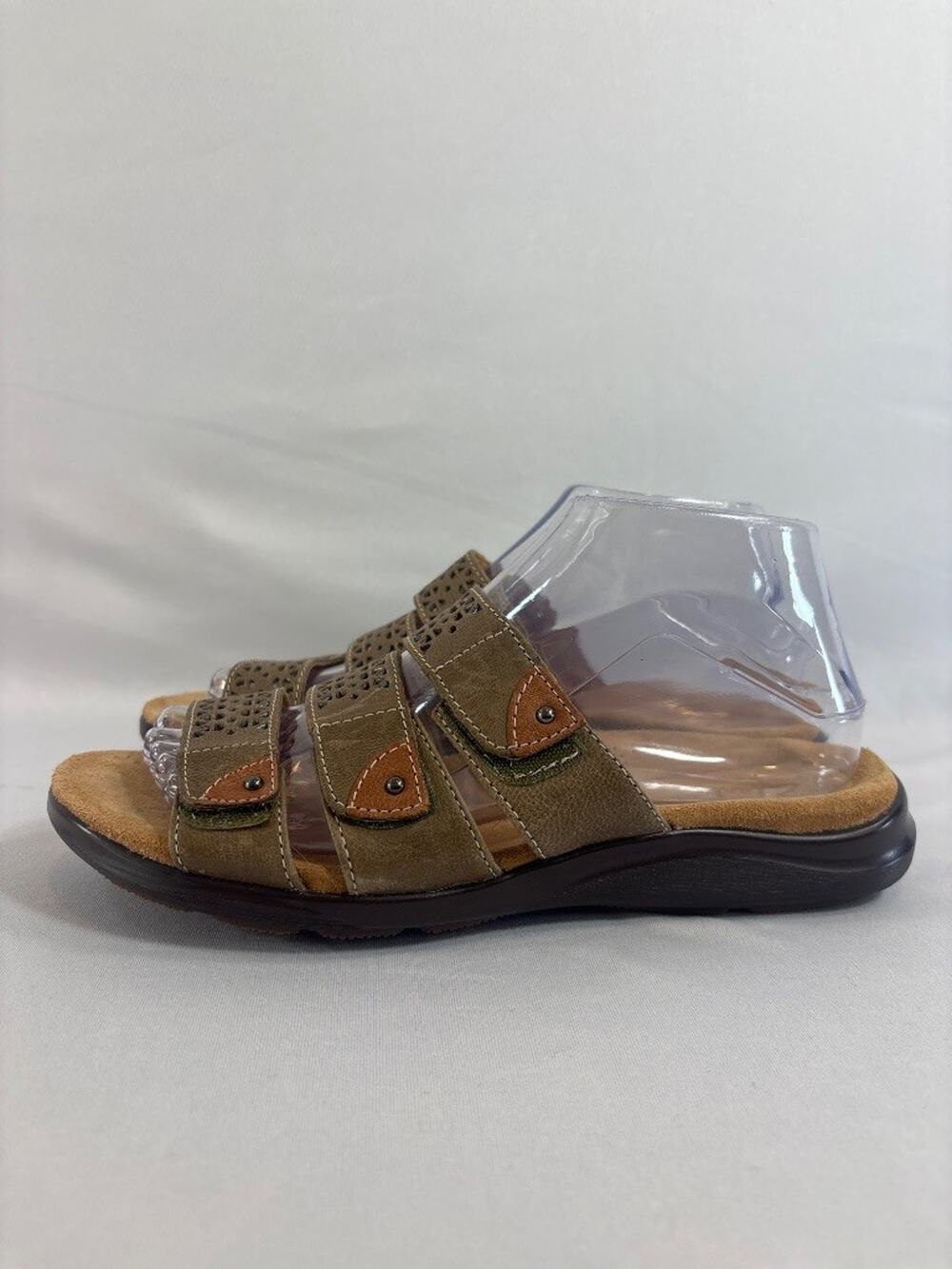Clarks Womens Olive Green Laser Cut Slide Sandals Size 8 Comfort Summer